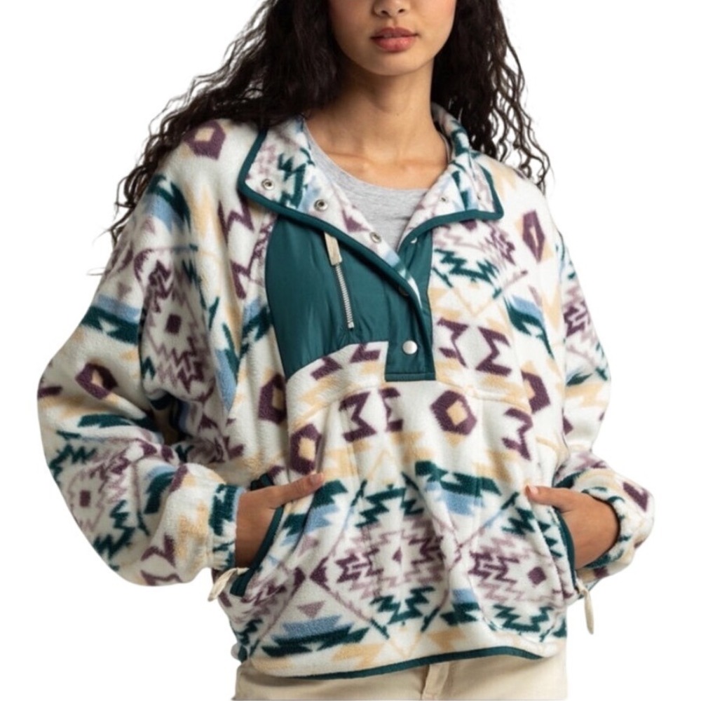 RSQ Aztec Fleece Pullover Womens XL Boxy Cropped Snap Stand Collar Southwest